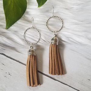 Silver Textured Circle and Tan Leather Tassel Earrings